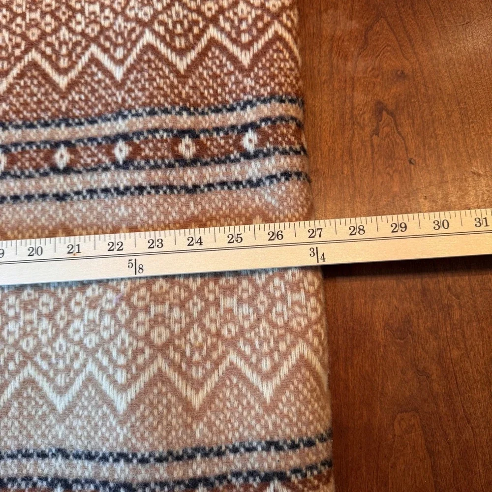 Amana Woolen Mill Blanket 54x72 Tan Brown Fair Isle 100% Wool Fringed Throw